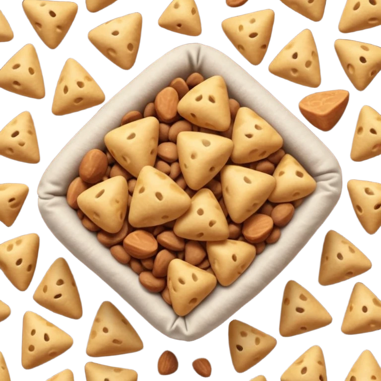 small handful of dry pet food pieces in varied shapes round triangular pillow-like warm brown tones slightly rough matte texture irregularly scattered crunchy bite-sized format no bowl packaging or extras just croquettes soft lighting subtle shadows emoji scale emoji
