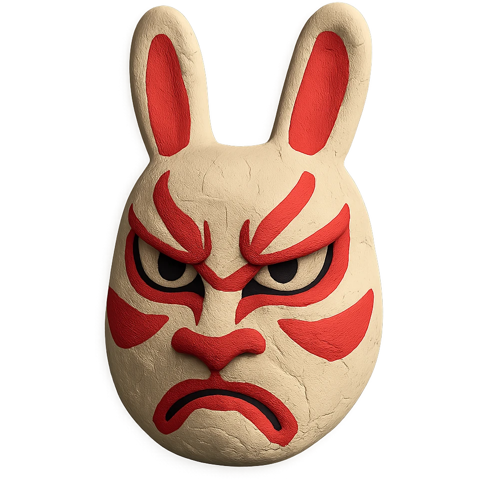 stylized usagi rabbit kabuki mask, red and white, angry expression, matte finish emoji