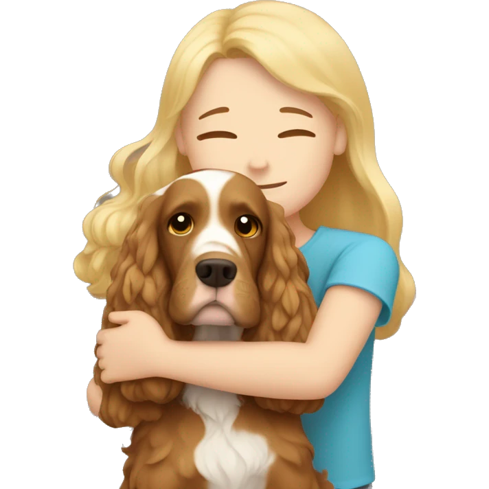 Brown hair Girl hugs an Blonde Boy with golden cocker spaniel  emoji
