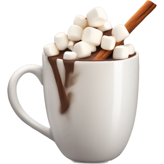 a mug of hot chocolate topped with marshmallows and a cinnamon stick stirrer emoji