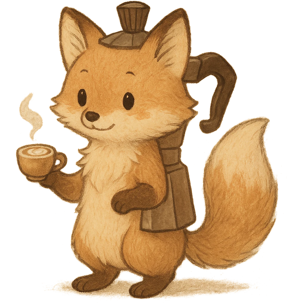 soft pastel fluffy fox with coffee maker elements holding a tiny latte cup, brown and beige tones, full-body emoji