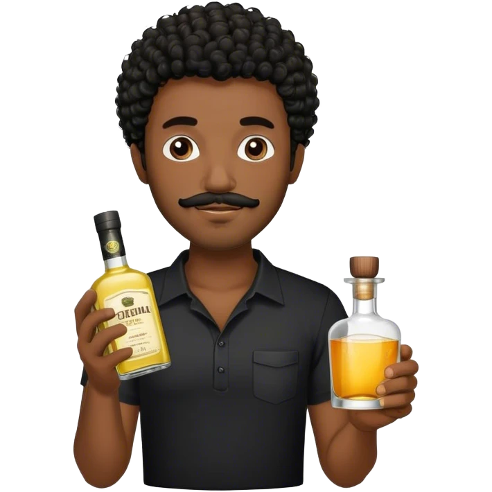 dark black guy, short black curly hair, short beard and mustache, holding tequila, black shirt  emoji
