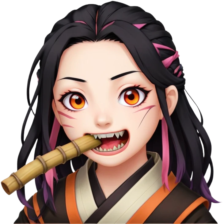 Nezuko from Demon Slayer biting down on bamboo muzzle with teeth visible, pink eyes and black hair with orange tips emoji