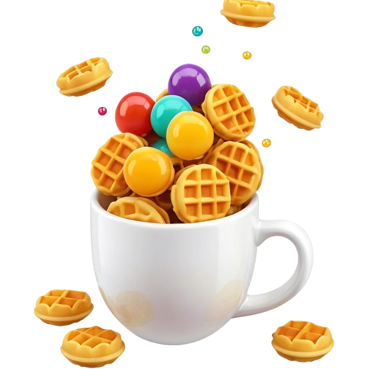 3D rendered mini Hong Kong egg waffles in a cup with colorful toppings, hyper-realistic bubbled texture, vibrant colors, glossy finish, detailed bubble pattern, playful presentation emoji