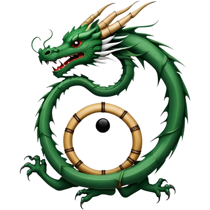 An icon symbolizing Eastern martial arts in the style of an emblem, with a black-and-white Yin-Yang symbol at the center. A dragon is placed on either side, representing strength and wisdom. The design includes bamboo and traditional elements. Transparent background emoji