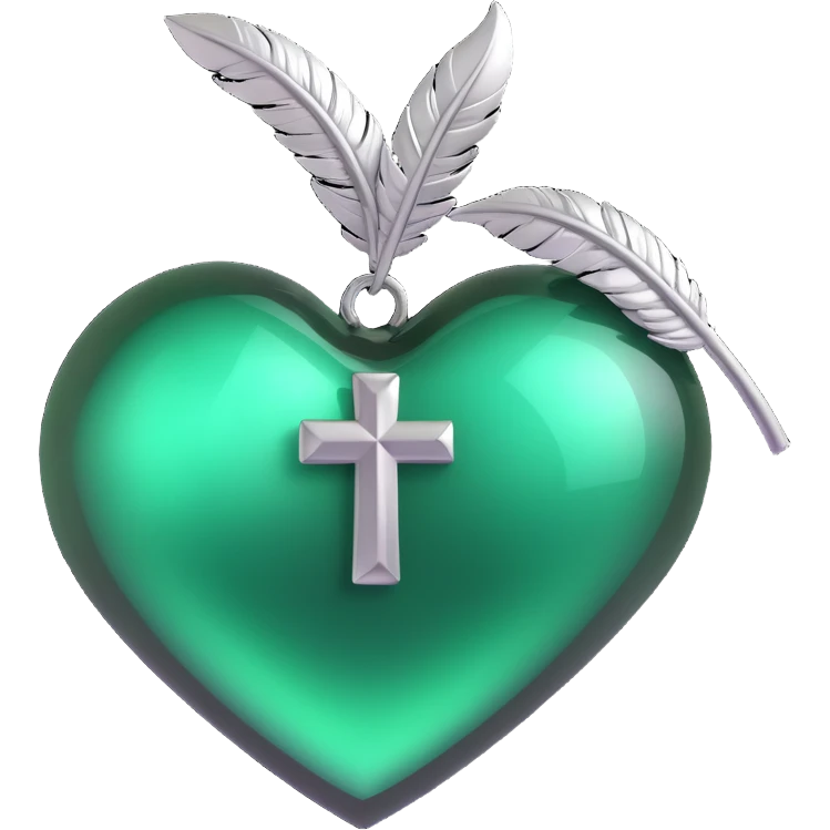 gothic heart, emerald green glass, silver cross, feather accents, lush and gothic emoji