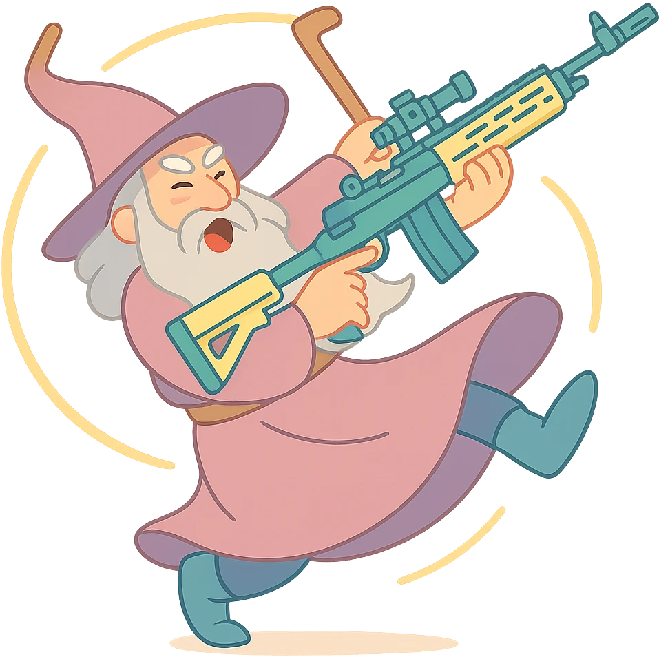 Gandalf the Gray spinning with an M-14 EBR, about to 360 no-scope, energetic, soft pastel palette, pastel toon style emoji