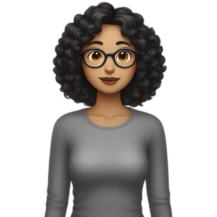 A curly woman with black hair and glasses, a big nose, eyebrows close to the eyes and a small sweet spot under the lips on the left side holds a gray cat emoji