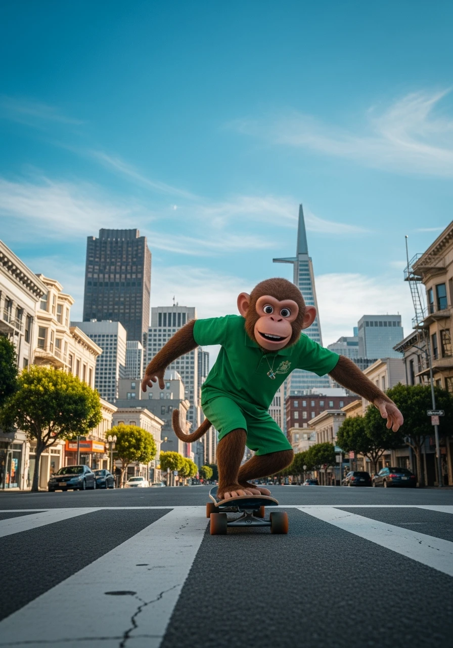 Disney style, Cinematic still scane, Low angle medium shot, monkey dress in green outfit, monkey ride on skateboard, san francisno downtown with city lanscape, blue clean sky, captured by ARRI Alexa XT, soft cinematic lightning emoji
