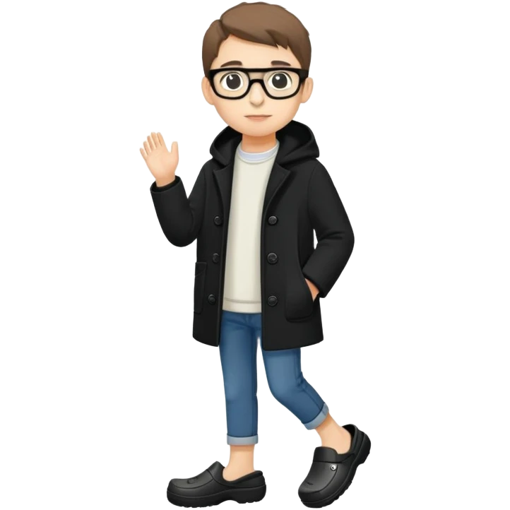 boy with glasses, short height, wearing crocs and a black coat emoji