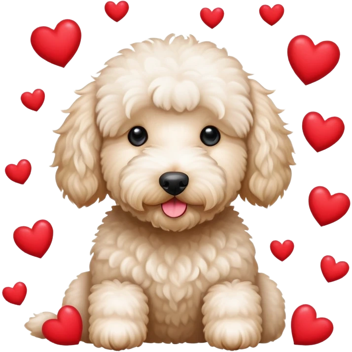 White Goldendoodle surrounded by hearts emoji