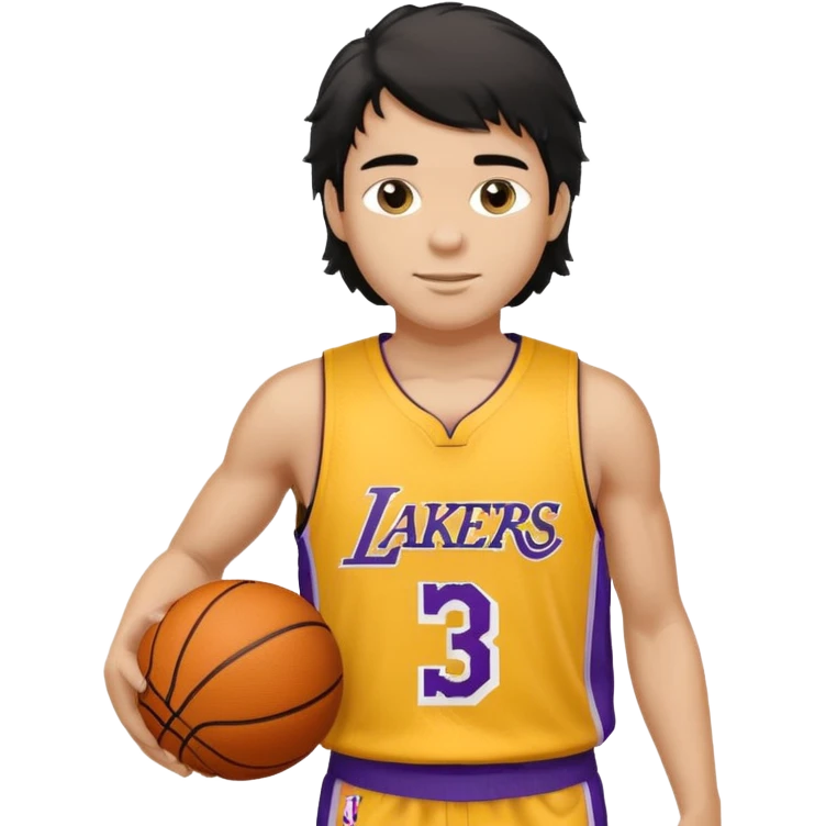 a light tan boy with messy a black mullet. wearing a lakers jersey and carrying a basketball emoji