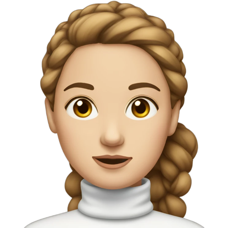 White woman with brown hair in bun wearing a turtleneck that is white emoji
