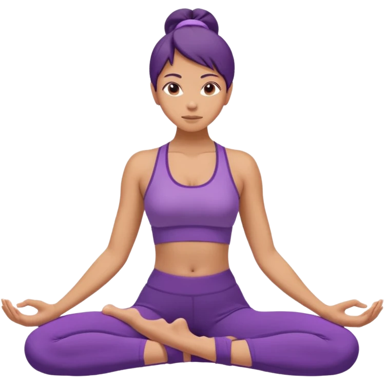	A woman in purple yoga clothes sitting and bending forward to reach her toes, calm meditation vibe, simple white background. emoji