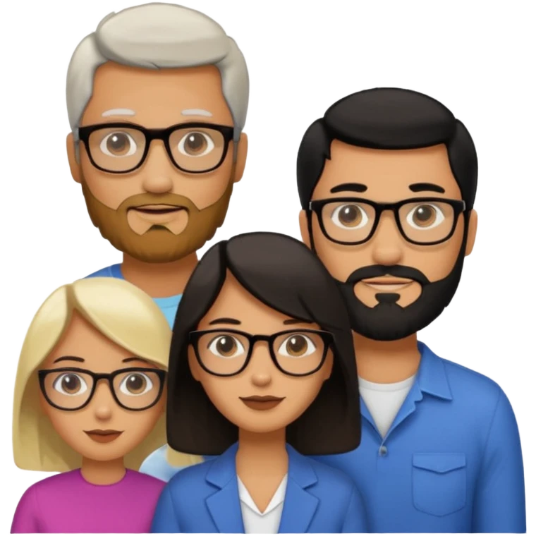 A man with hair and glasses and  a woman with long brown hair and a man with a beard and a woman with a blonde bob emoji