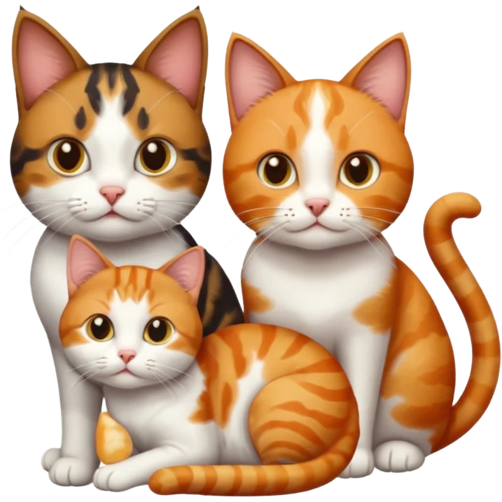 3 different coloured small cats including a dark brown tabby and white, and a patchy calico, and a ginger and white emoji