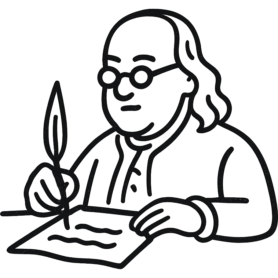 Create a minimalist black outline style illustration with no fill, matching the reference style. Depict Ben Franklin writing with a scribe onto the Declaration of Independence. The style should be suitable for a startup logo, clean and simple with hand-drawn black outlines and no color fill. emoji