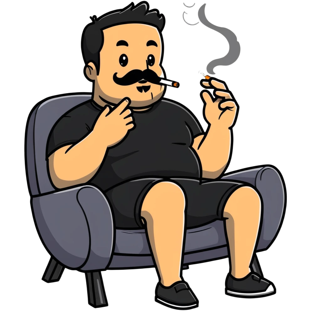 Heavy-set man leaning back in chair with legs spread, smoking cigarette, exposed belly, round face, short black hair, well-groomed beard with mustache, black t-shirt with light stripes on top portion, sleeves rolled up, black shorts, arms decorated with black graphic tattoo patterns on forearms and shoulders emoji