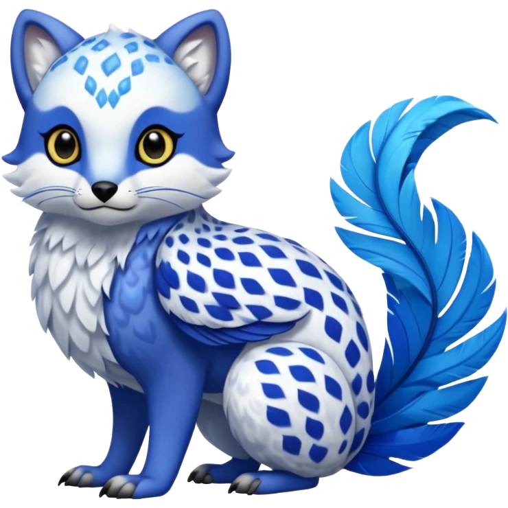 Arctic-Fox-Snow-Leopard-Blue-Tang-Fish-Hyacinth-Macaw-Fakémon-Pokémon-fusion-hybrid-animal-creature, full body emoji