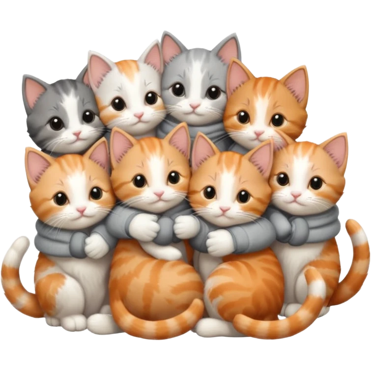 6 tiny kittens cuddling together all various different natural colours including solid grey with white mittens, grey and white, ginger and white, calico and brown and white emoji