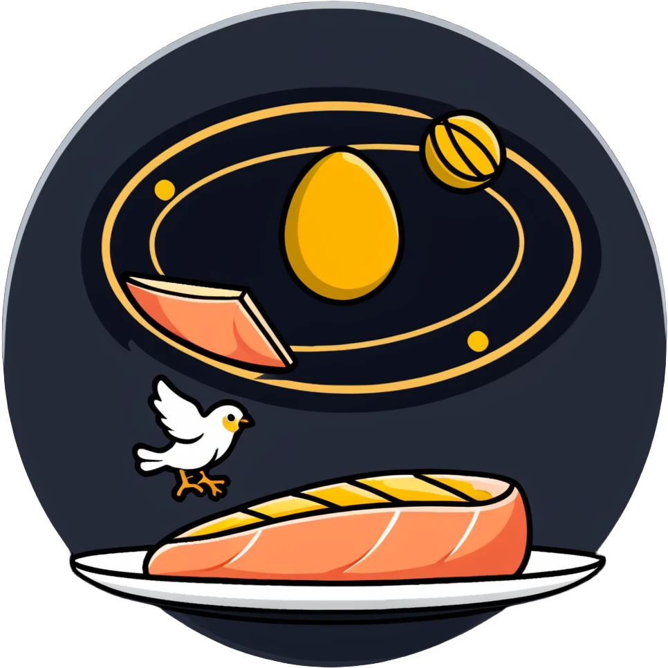 Floating plate with cute stylized protein foods: golden egg, salmon fillet, chicken breast, and tofu block, orbiting a DNA double helix, with energy beams connecting to a muscular figure silhouette emoji