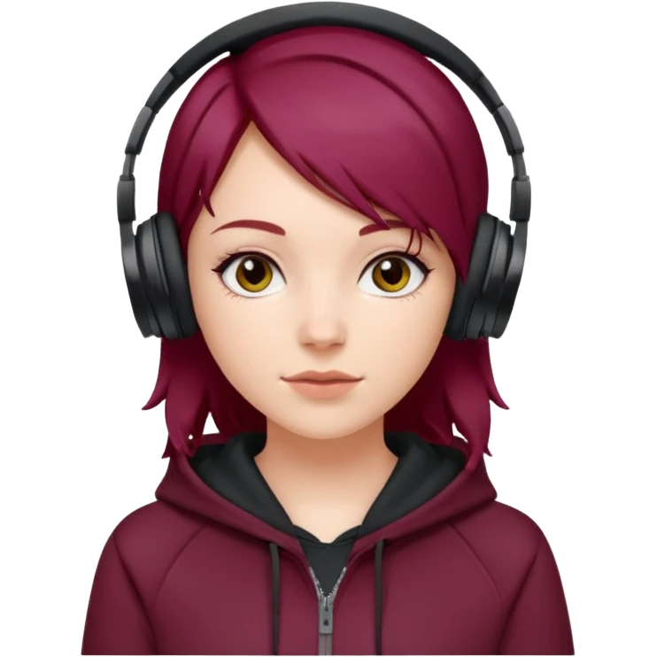 white girl with burgundy hair, deportive hoodie and black headphones emoji