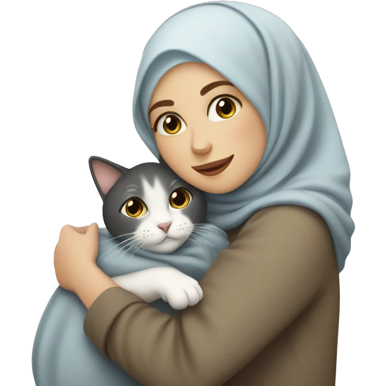 pretty white skin woman with hijab hugging a cat emoji