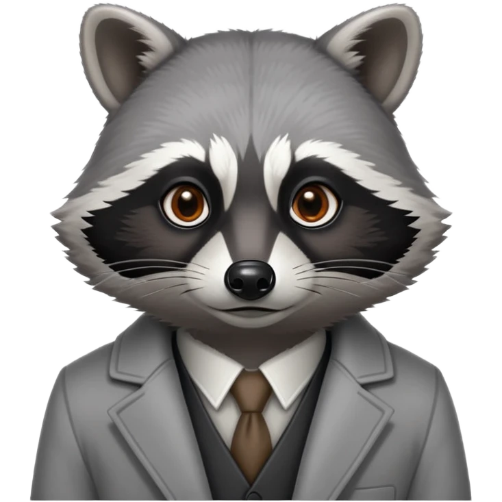 Cinematic-Noble-Raccoon-Portrait-Emoji – Poised and confident, with a sturdy build and a beautifully textured coat of silver-grey accented by dark black facial markings, deep-set, intelligent brown eyes, simplified yet sharp and sophisticated. emoji