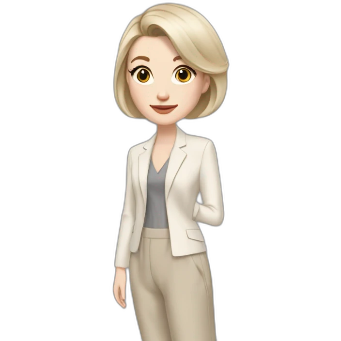 pale skin woman with ash blonde Straightened bob Hair, White Spacious classical jacket, beige palazzo Arrow pants and gray blouse holding a color palette in the hands emoji