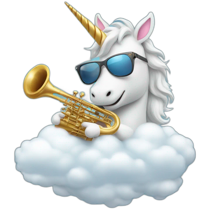 a unicorn wearing sunglasses and playing saxophone on a cloud emoji