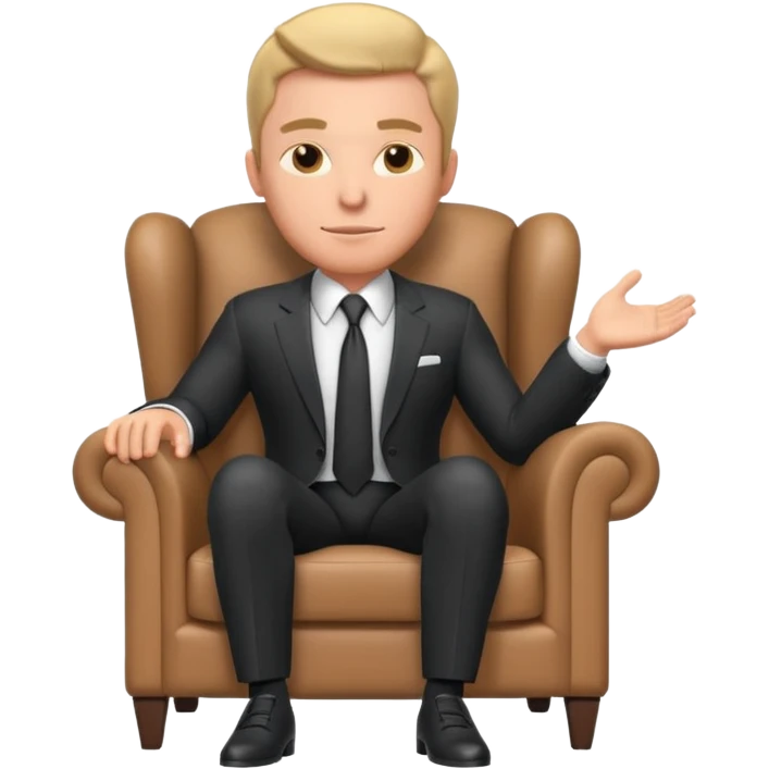 businessman sitting in an armchair, confident relaxed pose, formal suit and tie, professional corporate vibe, 3D cartoon style, mobile game icon style, clean background, no text, no watermark
 emoji