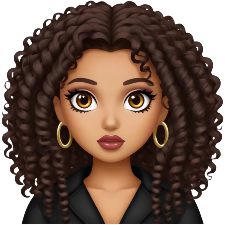 curly dark hair, dark brown eyes, pretty bratz baddie emoji