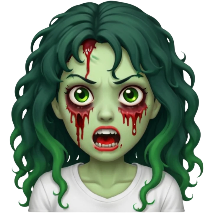 a zombie with long curly black hair volumoso, brown eyes, a white t-shirt and a splash of blood on her t-shirt, mouth open like a zombie, green skin color, not much expression, no drawing on shirt, no hands showing, less blood on her face,  emoji