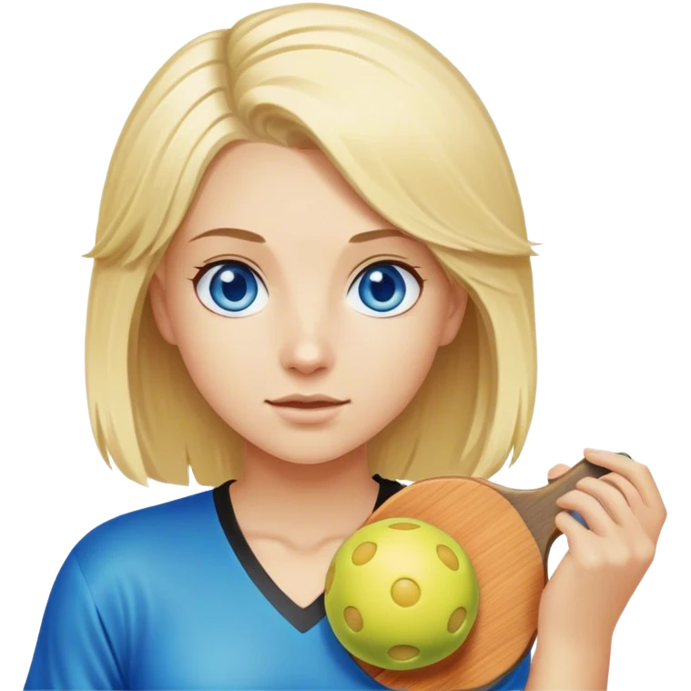 Blond girl with hair parted in the middle blue eyes holding a pickleball emoji