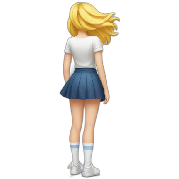 full body back view curvy caucasian beauty in small skirt lifted by the wind butt white socks emoji