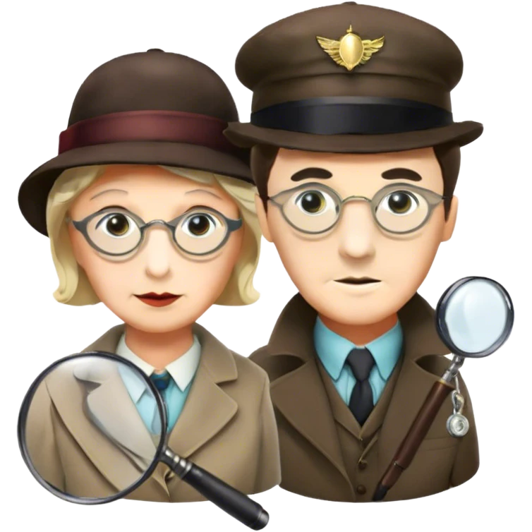 Icon for Detective Movies: A colorful collage with Sherlock Holmes, Miss Marple, and Pinkerton. Include magnifying glasses, clues, detective tools, a criminal and a policeman in the background. The design should evoke mystery and intrigue, with a classic detective movie feel. Transparent background. emoji