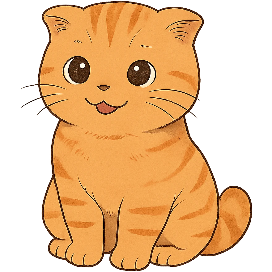 happy orange scottish fold kitten sitting, dark round eyes, cute emoji