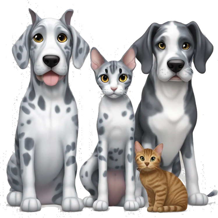 Blue Merle Great Dane next to two tabby cats and one black cat emoji