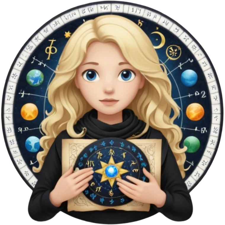 A long wavy haired blonde girl with blue eyes, wearing black, with a scarf on, holding astrology natal chart paper   emoji