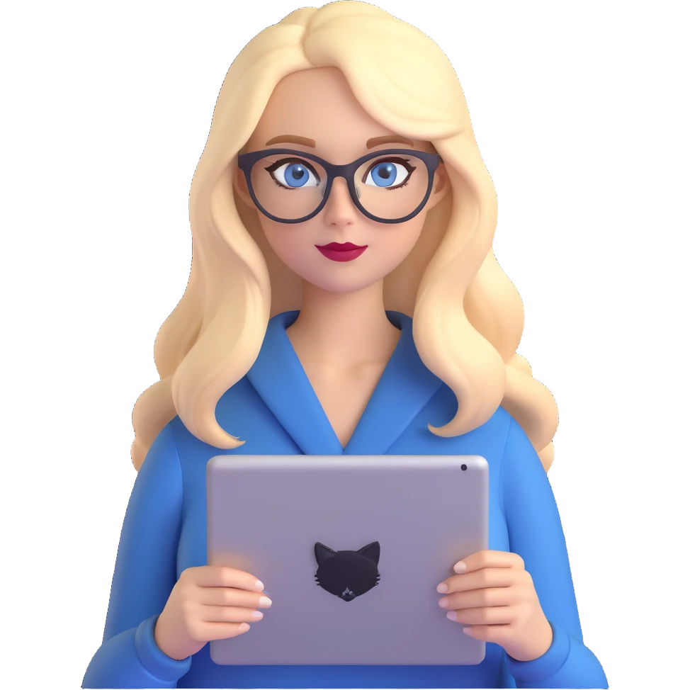 a blonde woman with long hair and blue eyes wearing black cat-eye glasses holding a graphic tablet emoji