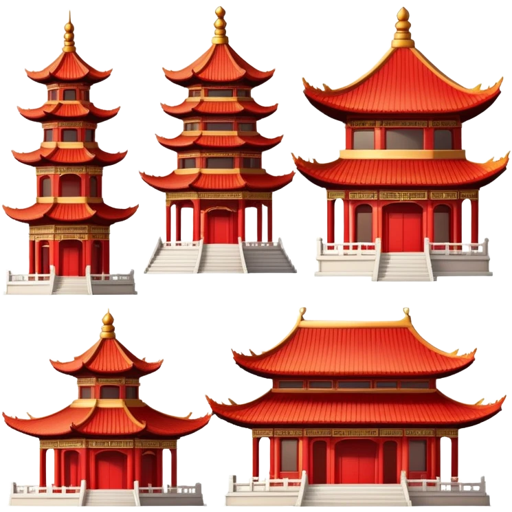 Traditional Chinese architecture with pagoda roofs, red columns, ornate details emoji