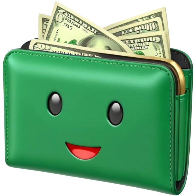 Rich emoji style greenleather wallet with dollar bills, luxury money vibe, premium 3D emoji, ultra clean, high detail, no background emoji