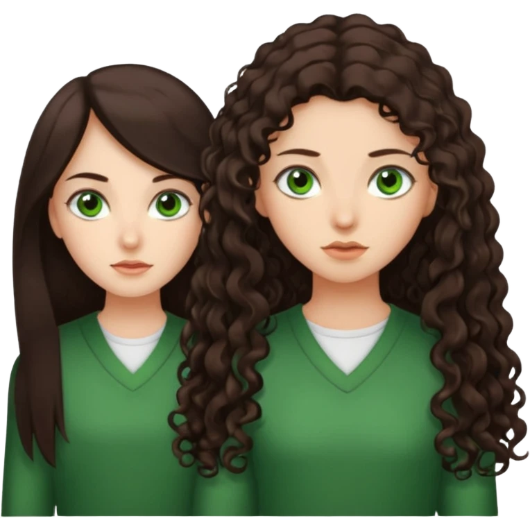 Two scornful girls, 1: long ironed straight darkbrown hair, green eyes, 2: long curly darkbrown hair, brown eyes emoji