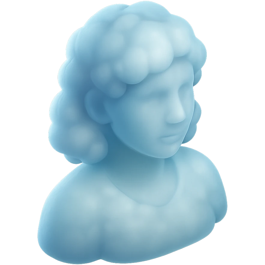 person looking straight, composed entirely of bright, puffy clouds, shoulder length, matte glass style emoji