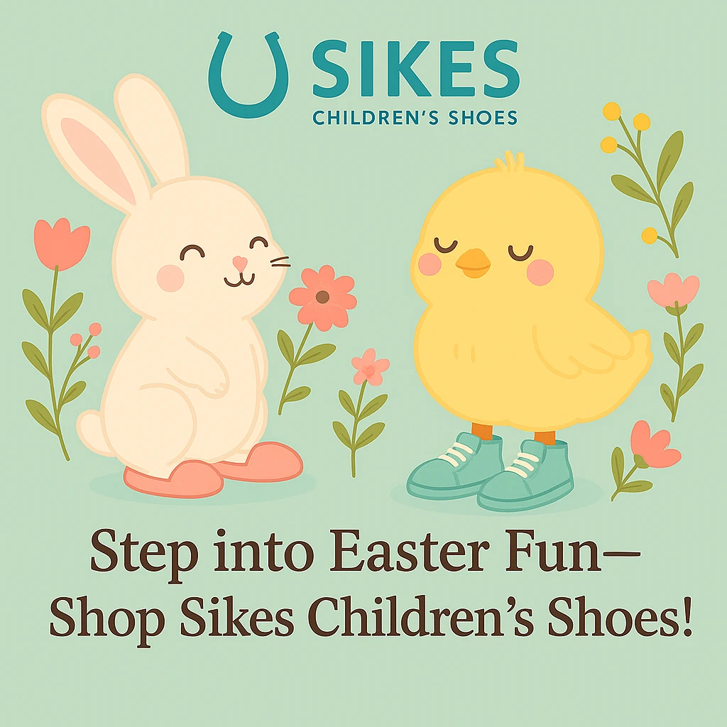 Keep the Sikes Children's Shoes logo in the same position as in the original image. Ensure the design features a pastel background, bunny and chick with shoes, floral accents, and the headline: 'Step into Easter Fun—Shop Sikes Children’s Shoes!'. No changes to logo placement. emoji