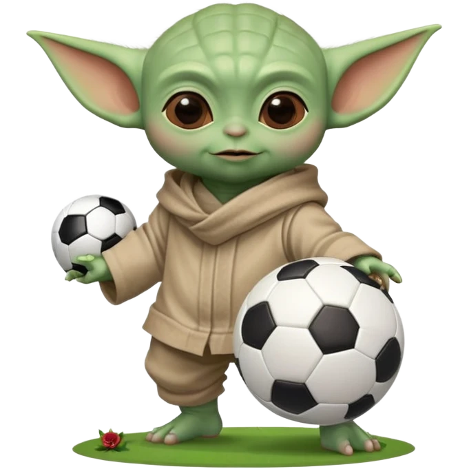 baby Yoda kicking a soccer ball with small roses beside him emoji
