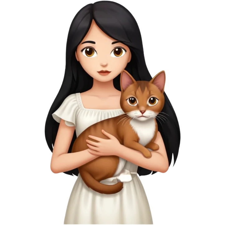 beautiful girl with long black hair wearing a white dress holding an Abyssinian cat with reddish-brown fur in her arms emoji
