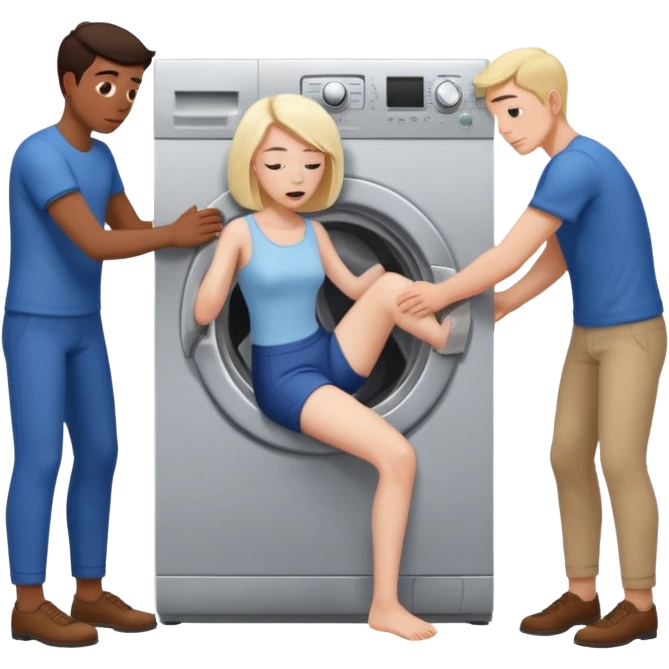 Eine Frau mit dem Kopf  in der Waschmaschine feststeckt und zwei Männer ziehen an ihren Beinen um ihr zu helfen  emoji