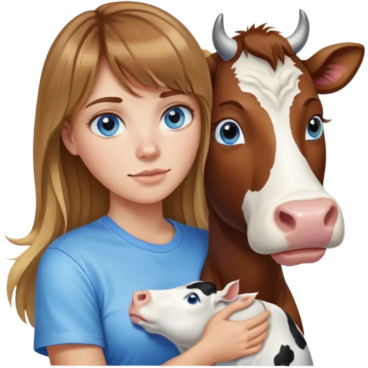 Woman with brown hair long and blonde highlights, bangs in front, blue eyes, white t shirt hugging a cow emoji