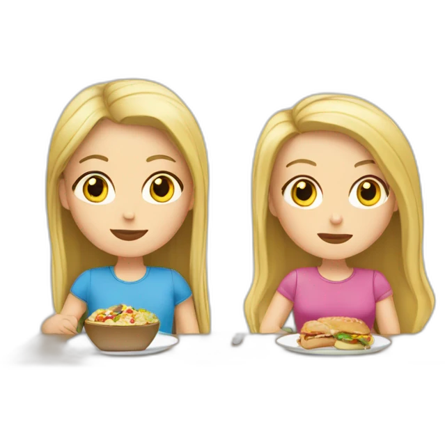white girl with blonde hair and white girl with brunette hair eat lunch on the table emoji